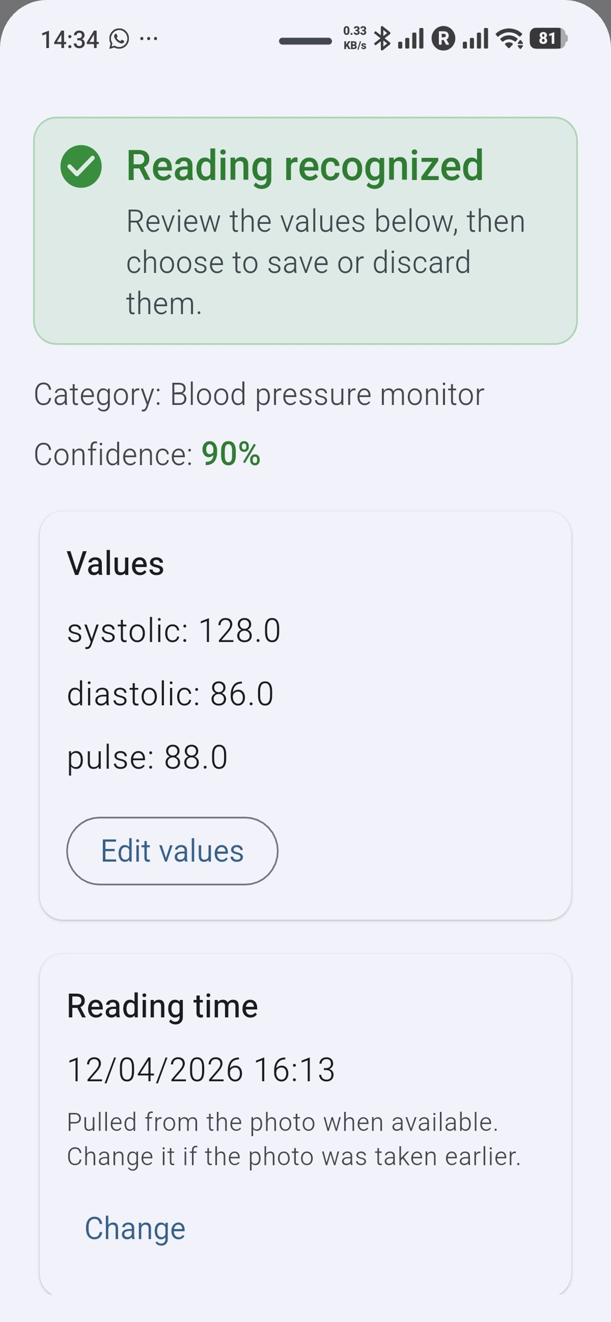 Image recognised: the app has recognised the image and is displaying the values