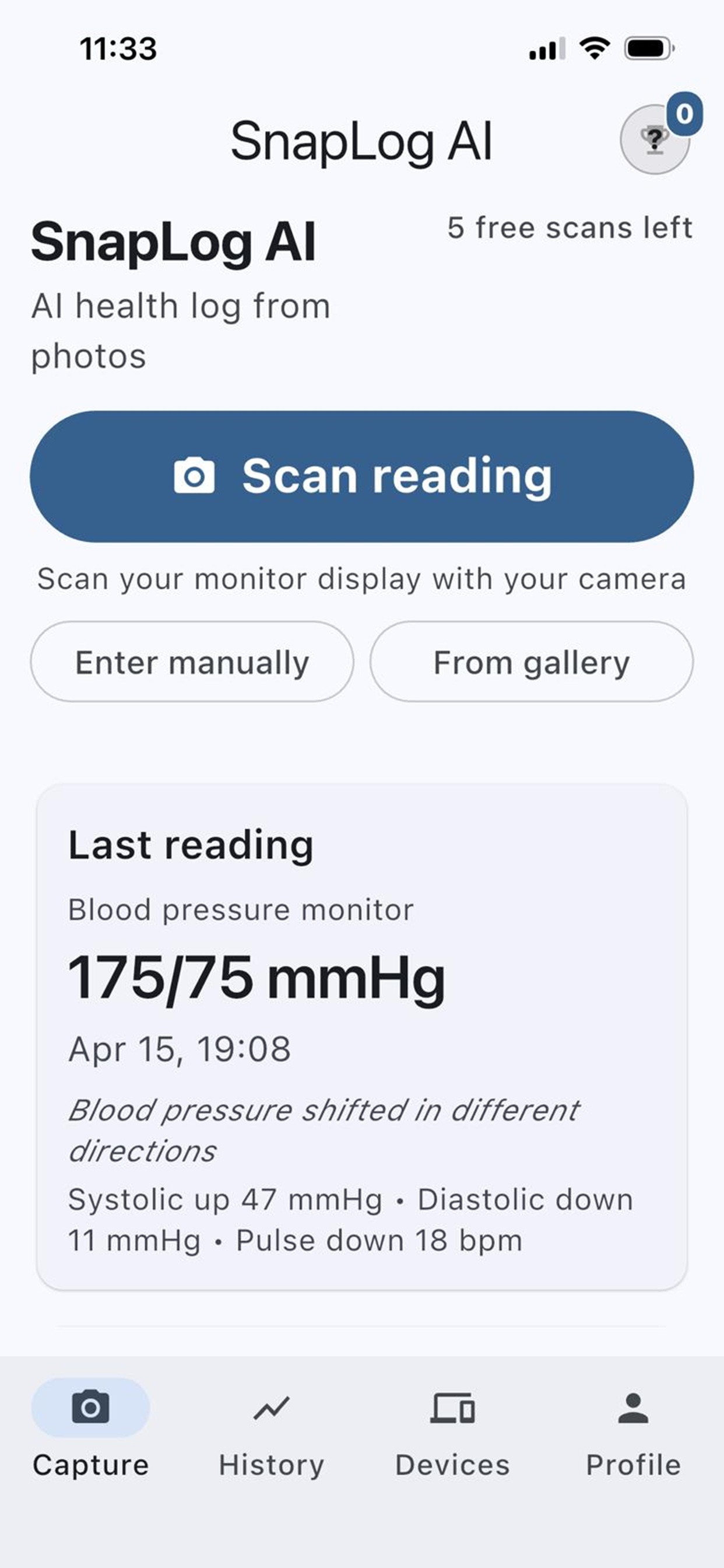Capture flow: framing a device screen to log a reading
