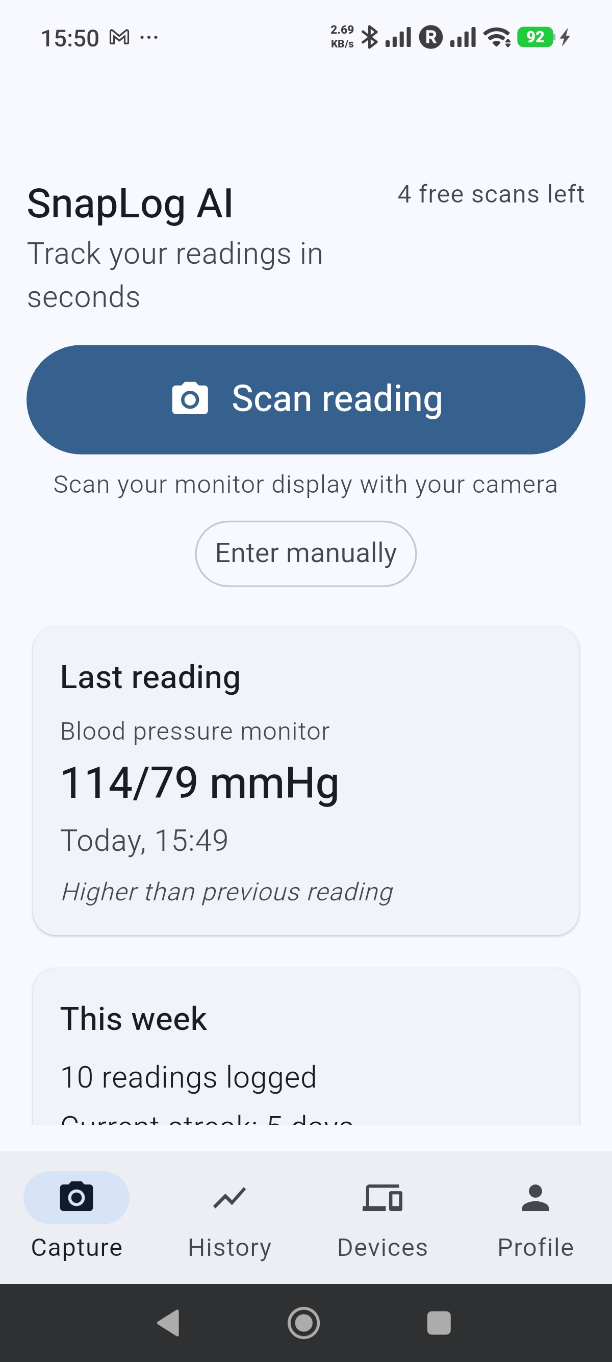 Capture flow: framing a device screen to log a reading